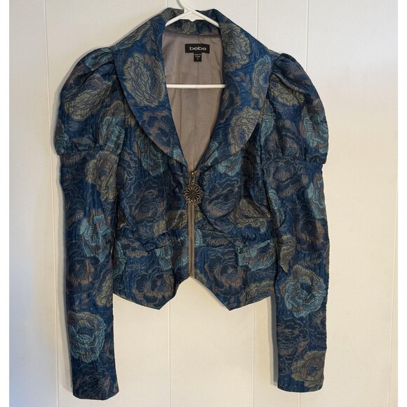 Y2k Bebe Jacket Womens 6 Blue Floral Brocade Puff Sleeve Cropped Zip Jacquard - Picture 2 of 16